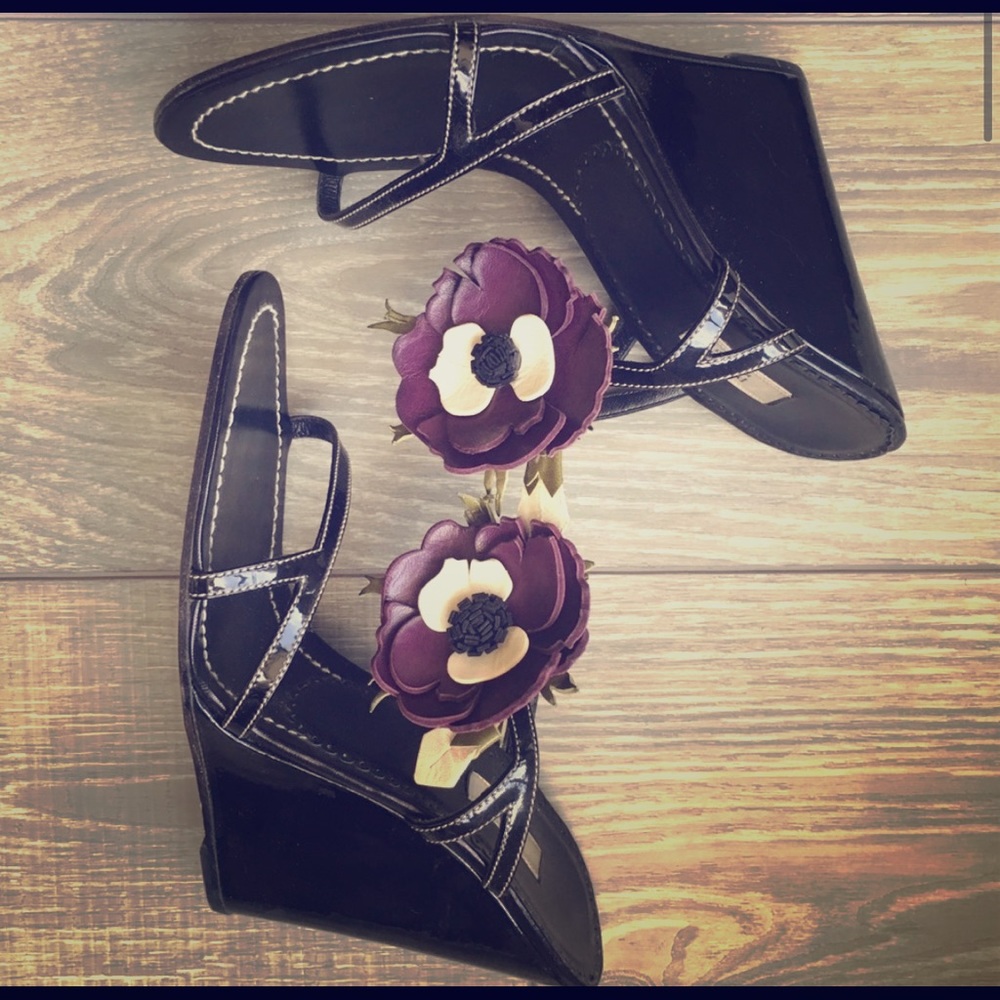 Unique Designer Prada Black Patent Leather Wedge.